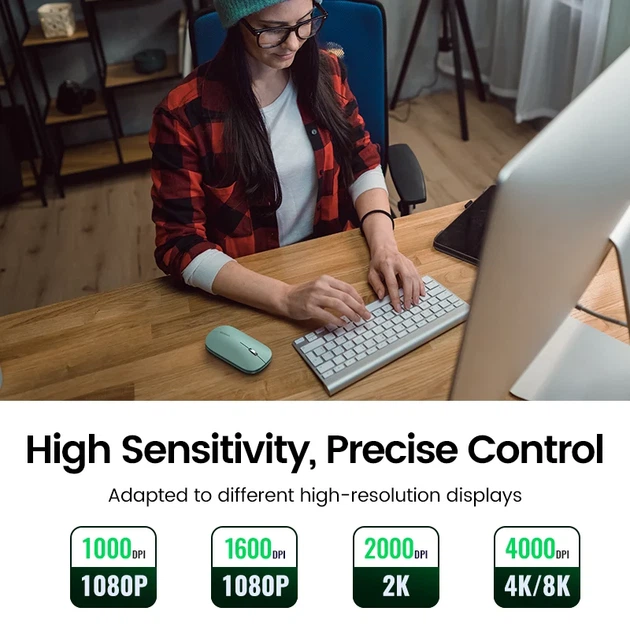 Мышь беспроводная UGREEN MU001 Bluetooth 4000 dpi пластиковая зелёная - Фото 5 Мышь беспроводная UGREEN MU001 Bluetooth 4000 dpi пластиковая зелёная - изображение 5