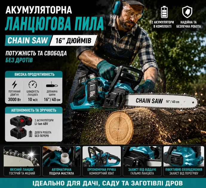 Аккумуляторная бесщеточная цепная пилка 18 дюймов 45 см, 2 АКБ, 2 зарядных устройства BLUE G6765 - Фото 2 Аккумуляторная бесщеточная цепная пилка 18 дюймов 45 см, 2 АКБ, 2 зарядных устройства BLUE G6765 - изображение 2