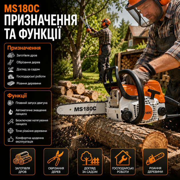 Бензопила MS180C бензиновая цепная пила 1 5 кВт 2 0 л с шина 35 см для дров обрезки деревьев и садовых работ - изображение 4