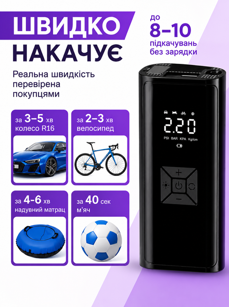 Автокомпресор акумуляторний VC-027 150 PSI, портативний компресор 6000 мА·год для авто, мотоцикла та велосипеда, Power Bank - изображение 3