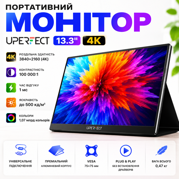 Монитор портативный ультратонкий UPERFECT13.3'' 4K Дополнительный монитор для работы Портативный экран переносной - Фото 1 Монитор портативный ультратонкий UPERFECT13.3'' 4K Дополнительный монитор для работы Портативный экран переносной - изображение 1