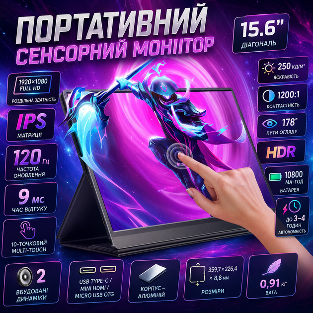 Портативный монитор аккумуляторный UPERFECT 15.6" FHD 120Hz Дополнительный экран с сенсорным управлением - Фото 2 Портативный монитор аккумуляторный UPERFECT 15.6" FHD 120Hz Дополнительный экран с сенсорным управлением - изображение 2