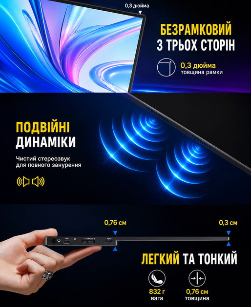 Монитор портативный ультратонкий UPERFECT13.3'' 4K Дополнительный монитор для работы Портативный экран переносной - Фото 5 Монитор портативный ультратонкий UPERFECT13.3'' 4K Дополнительный монитор для работы Портативный экран переносной - изображение 5