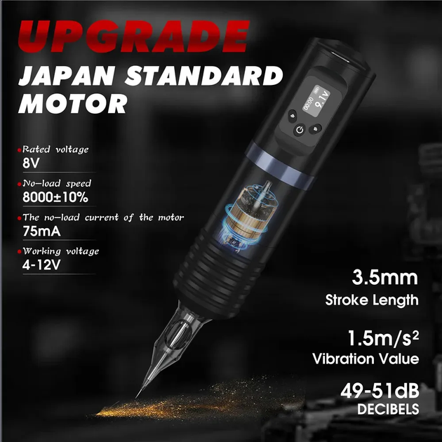 Тату Машинка Бездротова з акумулятором 1800mAh + картриджі + фарби | Професійний набір для тату з дисплеєм - зображення 8