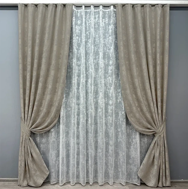 Комплект штор з тюлем VR-Textil Жакард Мармур, капучино з білим, 2 штори 200×270 см + тюль 500×270 см, арт. 71-004/6 - Фото 1 Комплект штор з тюлем VR-Textil Жакард Мармур, капучино з білим, 2 штори 200×270 см + тюль 500×270 см, арт. 71-004/6 - зображення 1