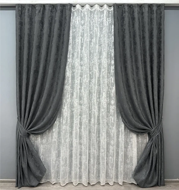 Комплект штор з тюлем VR-Textil Жакард Мармур, графітовий з білим, 2 штори 100×270 см + тюль 300×270 см, арт. 71-003/1 - Фото 1 Комплект штор з тюлем VR-Textil Жакард Мармур, графітовий з білим, 2 штори 100×270 см + тюль 300×270 см, арт. 71-003/1 - зображення 1