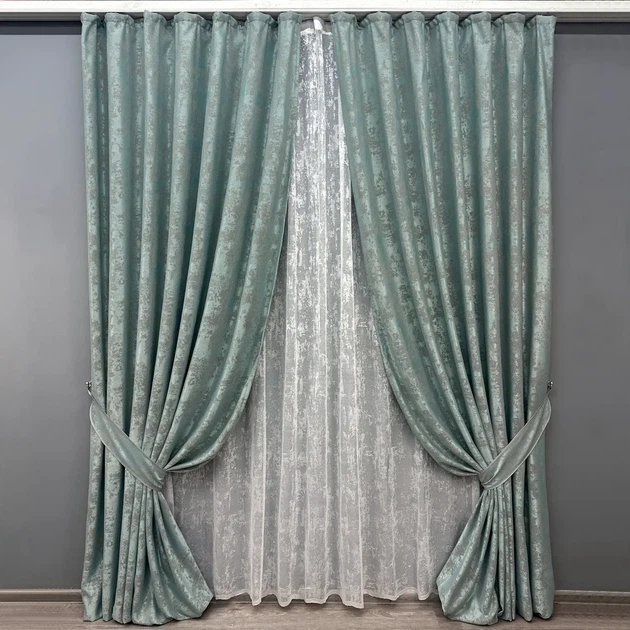 Комплект штор с тюлем VR-Textil Жаккард Мрамор, бирюзово-серый с белым, 2 шторы 100×270 см + тюль 300×270 см, арт. 71-118/1 - Фото 1 Комплект штор с тюлем VR-Textil Жаккард Мрамор, бирюзово-серый с белым, 2 шторы 100×270 см + тюль 300×270 см, арт. 71-118/1 - изображение 1