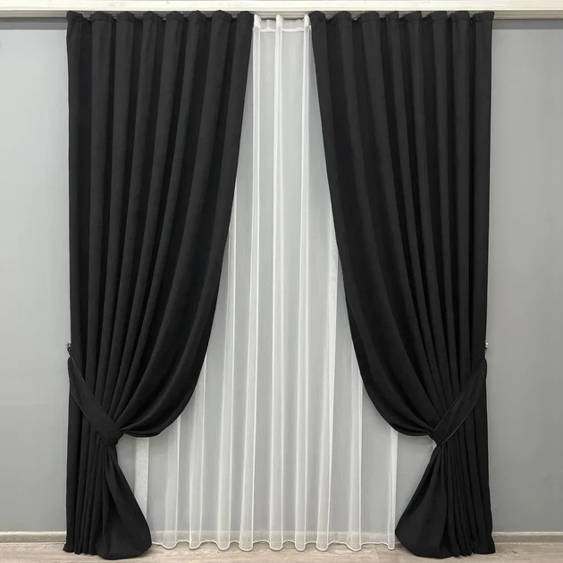 Комплект штор з тюлем VR-Textil Мікровелюр Petek, чорний з білим, 2 штори 100×270 см + тюль 300×270 см, арт. 71-154/1 - Фото 1 Комплект штор з тюлем VR-Textil Мікровелюр Petek, чорний з білим, 2 штори 100×270 см + тюль 300×270 см, арт. 71-154/1 - зображення 1