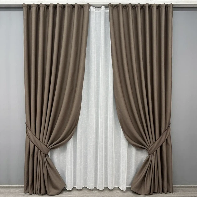Комплект штор з тюлем VR-Textil Рогожка преміум TERRA LUXE, какао з білим, 2 штори 150×270 см + тюль 400×270 см, арт. 71-078/3 - Фото 1 Комплект штор з тюлем VR-Textil Рогожка преміум TERRA LUXE, какао з білим, 2 штори 150×270 см + тюль 400×270 см, арт. 71-078/3 - зображення 1