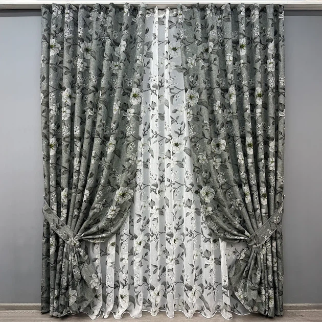 Комплект штор с тюлем VR-Textil Лен Прованс, серый с белым, 2 шторы 100×265 см + тюль 300×265 см, арт. 71-104/1 - Фото 1 Комплект штор с тюлем VR-Textil Лен Прованс, серый с белым, 2 шторы 100×265 см + тюль 300×265 см, арт. 71-104/1 - изображение 1