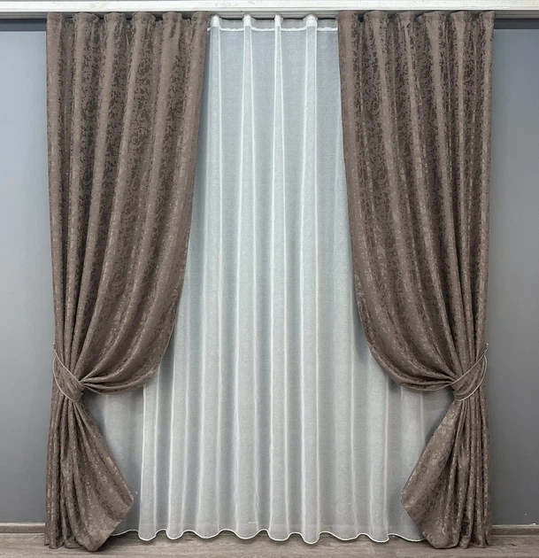 Комплект штор з тюлем VR-Textil Льон Мармур, какао з білим, 2 штори 100×270 см + тюль 300×270 см, арт. 71-014/1 - Фото 1 Комплект штор з тюлем VR-Textil Льон Мармур, какао з білим, 2 штори 100×270 см + тюль 300×270 см, арт. 71-014/1 - зображення 1