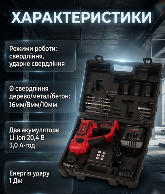 Акумуляторний перфоратор Boxer SR147 20.4 В з двома акумуляторами патроном SDS Plus і плавним регулюванням обертів силою натискання - Фото 3 Акумуляторний перфоратор Boxer SR147 20.4 В з двома акумуляторами патроном SDS Plus і плавним регулюванням обертів силою натискання - зображення 3