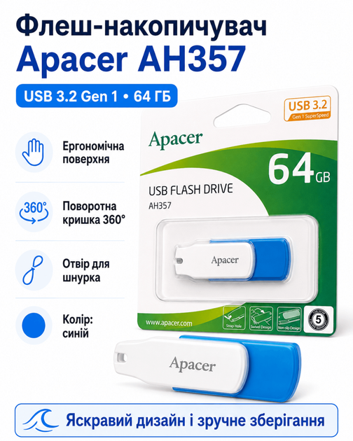 Флеш-накопичувач Apacer USB 3.2 Gen 1 AH357 64 ГБ (колір синій) - Фото 1 Флеш-накопичувач Apacer USB 3.2 Gen 1 AH357 64 ГБ (колір синій) - изображение 1