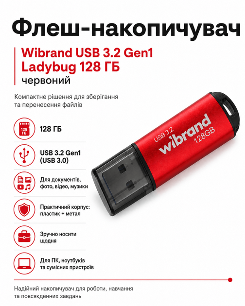 Флеш-накопичувач Wibrand USB 3.2 Gen1 Ladybug 128ГБ (колір червоний) - Фото 1 Флеш-накопичувач Wibrand USB 3.2 Gen1 Ladybug 128ГБ (колір червоний) - зображення 1