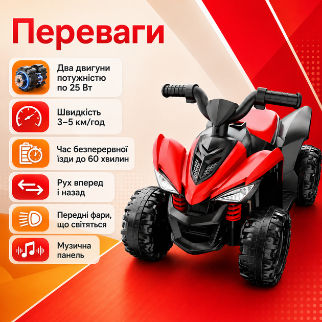Детский электроквадроцикл 202 с двумя моторами 2×25 Вт, аккумулятором 12V/4,5Ah, музыкальной панелью MP3 USB, передними фарами, задним приводом до 30 кг - изображение 2