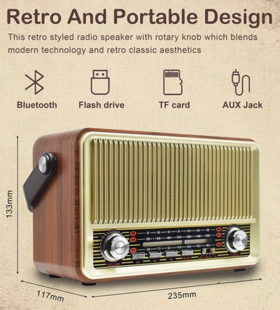 Аккумуляторное радио с зарядкой от USB с Bluetooth колонкой и пультом Kemai Retro аккумуляторный радиоприемник (USB/TF/AUX) Золотой - изображение 2