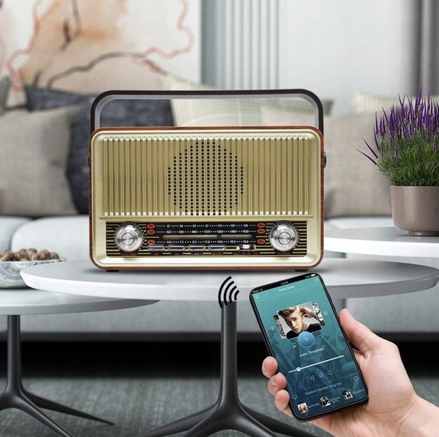 Аккумуляторное радио с зарядкой от USB с Bluetooth колонкой и пультом Kemai Retro аккумуляторный радиоприемник (USB/TF/AUX) Золотой - изображение 4