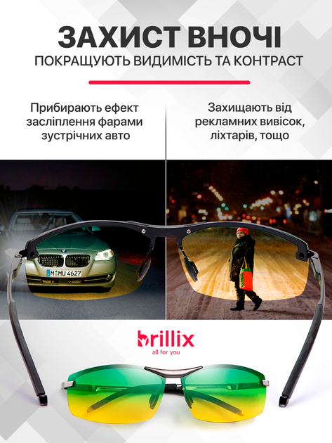 Окуляри для водіїв очки день ніч для водителей антифари антивідблискові водія автомобільні антивідблиск поляризаційні Brillix водійські нічного водіння вночі з надійною оправою та чохлом (BRL-012) - зображення 6