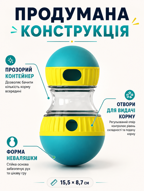 Интерактивная игрушка-кормушка неваляшка диспенсер для собак и котов для медленного кормления 150 г и регулируемым отверстием - изображение 7