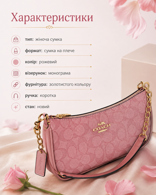 Жіноча сумка Coach Teri рожева — на плече з монограмним візерунком, золотистою фурнітурою та ремінцем - Фото 5 Жіноча сумка Coach Teri рожева — на плече з монограмним візерунком, золотистою фурнітурою та ремінцем - зображення 5