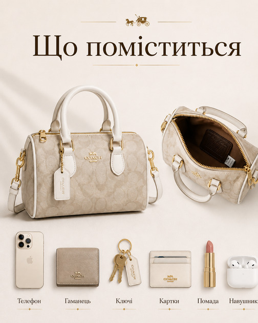 Сумка Coach Mini Rowan бежевая - женская мини с монограммой, белыми ручками и плечевым ремешком - изображение 3