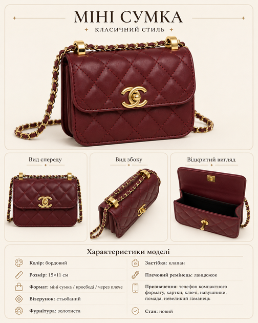 Сумка Chanel бордовая мини 15×11 см - женская сумка через плечо с цепочкой, золотистой фурнитурой и стеганым дизайном - изображение 5