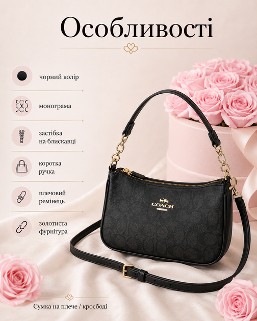 Жіноча сумка Coach Teri чорна — на плече з монограмою, золотистою фурнітурою та ремінцем - зображення 4