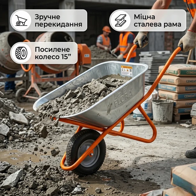 Тачка строительная одноколесная 90л 200кг колесо 15 дюймов для перевозки строительных материалов и садовых удобрений универсальная серебристая FLORA SK_5056464А12 - изображение 2