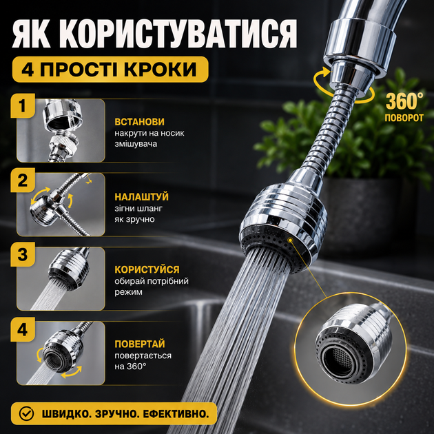 Аэратор для смесителя поворотный гибкий шланг 360° FixGo для кухни и ванной водосбере экономия воды и улучшение давления воды. SK_S-VEN14А12 - Фото 3 Аэратор для смесителя поворотный гибкий шланг 360° FixGo для кухни и ванной водосбере экономия воды и улучшение давления воды. SK_S-VEN14А12 - изображение 3