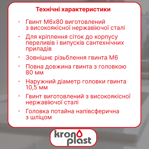 Нержавіючий гвинт Kronoplast М6×80 мм SS006080 - зображення 2