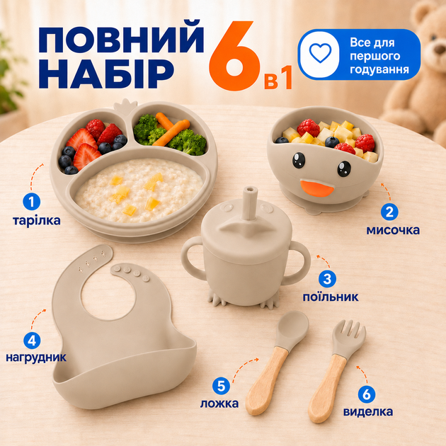 Набор детской посуды силиконовый ЭКО 6 предметов детская посуда на присосках тарелка детская чашка вилка и ложка BRS Бежевый - изображение 5