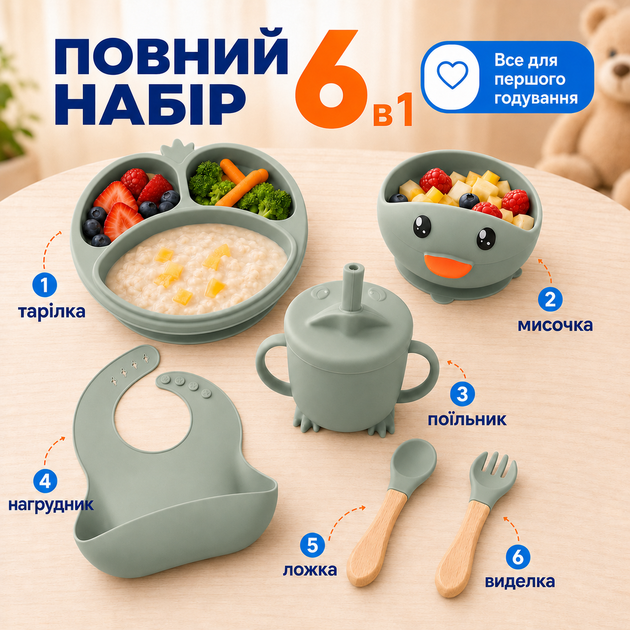 Детская посуда силиконовая ЭКО 6 предметов детский набор посуды на присосках тарелка детская чашка вилка и ложка BRS Зеленая - Фото 5 Детская посуда силиконовая ЭКО 6 предметов детский набор посуды на присосках тарелка детская чашка вилка и ложка BRS Зеленая - изображение 5