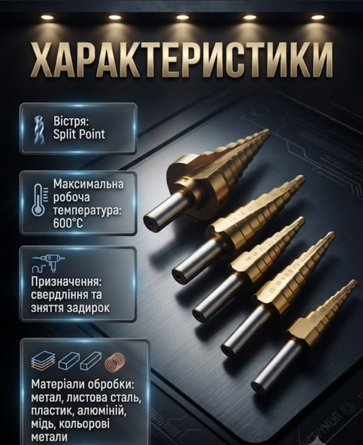 Набор ступенчатых конусных сверл BOXER OX020 5 шт 3–39 мм HSS для металла пластика зенки и снятия заусенцев - Фото 2 Набор ступенчатых конусных сверл BOXER OX020 5 шт 3–39 мм HSS для металла пластика зенки и снятия заусенцев - изображение 2