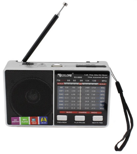 Аккумуляторный портативный радиоприемник FM AM SW с USB microSD и LED-фонарем, радио от батареек и сети для дома и дачи серый - изображение 4