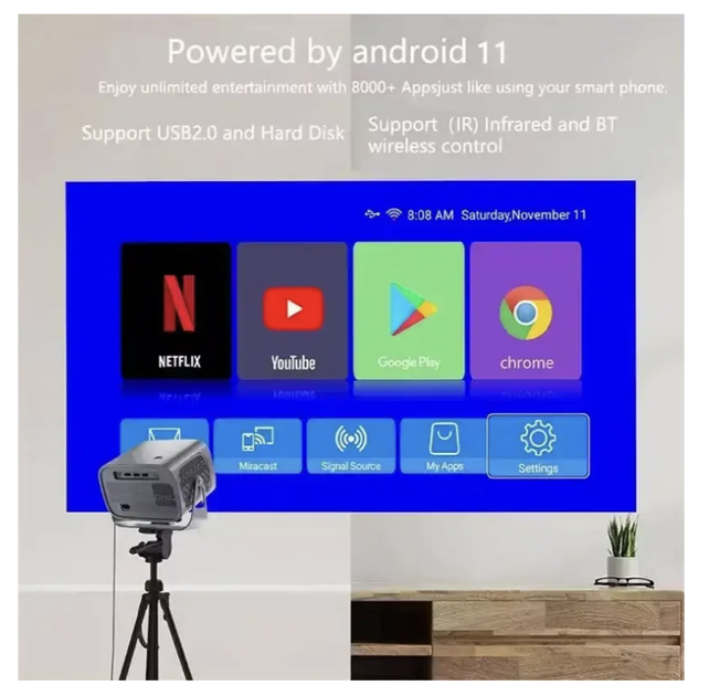 Портативний мультимедійний проєктор A10 на Android 11 з підтримкою 4K, Wi-Fi 2.4/5 ГГц, Bluetooth 5.2, електричним фокусуванням, автоматичною корекцією трапеції, динаміком 5 Вт та HDMI/USB, чорний - зображення 4