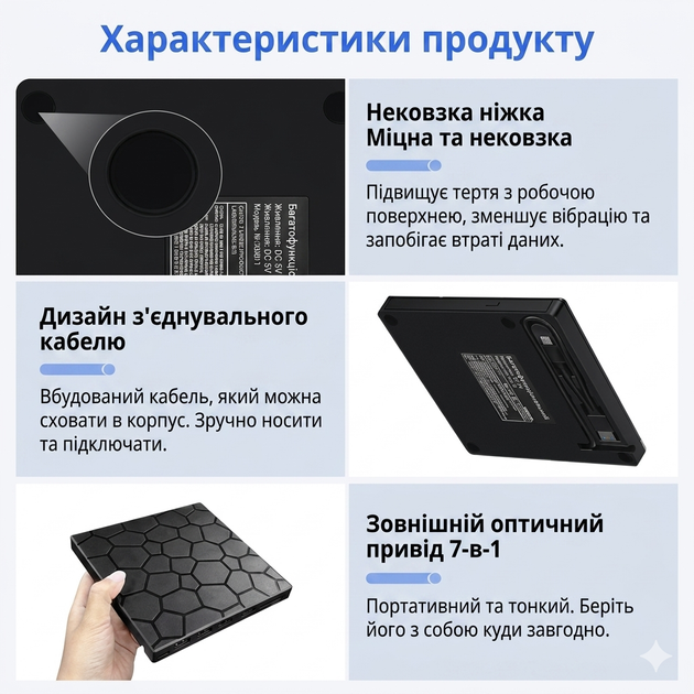 Внешний дисковод Maiwo B0260 CD DVD RW USB 3.0 Type-C 10 в 1 с хабом картридером Micro SD для ноутбука и макбука Черный портативный оптический привод для записи и чтения дисков с высокой скоростью передачи данных - изображение 6