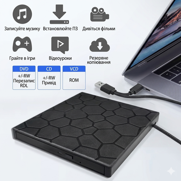 Внешний дисковод Maiwo B0260 CD DVD RW USB 3.0 Type-C 10 в 1 с хабом картридером Micro SD для ноутбука и макбука Черный портативный оптический привод для записи и чтения дисков с высокой скоростью передачи данных - изображение 11