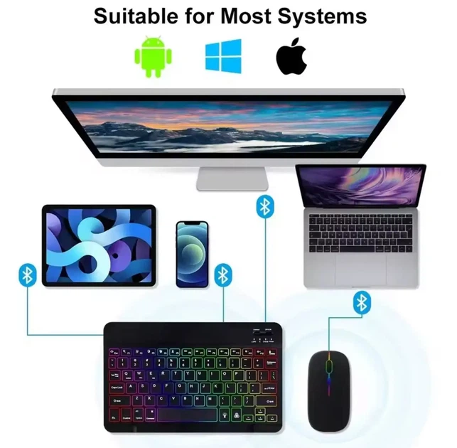 Клавиатура беспроводная Koyo Bluetooth компактная с RGB подсветкой для смартфонов планшетов ноутбуков смарт ТВ 320x130x20 мм 400 г с аккумулятором 300 мАч и USB C подключением черная для работы и обучения - изображение 5