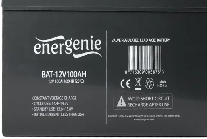 Аккумуляторная батарея EnerGenie 12V 100Ah (BAT-12V100AH) - Фото 2 Аккумуляторная батарея EnerGenie 12V 100Ah (BAT-12V100AH) - изображение 2