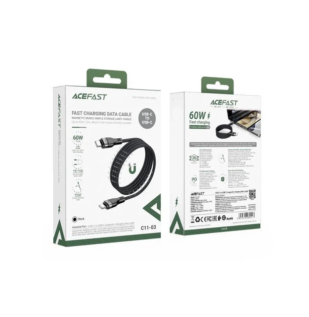 Кабель Type-C to Type-C ACEFAST C11-03 3A 60W нейлон + PVC черный 1.2 м - изображение 2