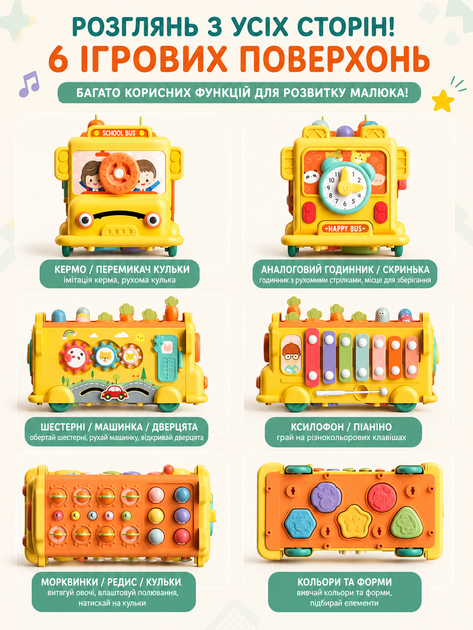 Дитячий розвивальний центр-каталка Шкільний автобус YL 221 A (ксилофон, стукалка, магнітні черв'ячки, сортер, грядка з морквинами) - зображення 5