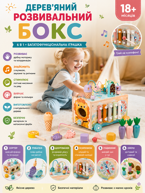 Деревянная логическая машинка-каталка 6 в 1 C 77037 (ксилофон, пальчиковый лабиринт, сортер, часы, счеты, фигурки мороженого) - Фото 1 Деревянная логическая машинка-каталка 6 в 1 C 77037 (ксилофон, пальчиковый лабиринт, сортер, часы, счеты, фигурки мороженого) - изображение 1