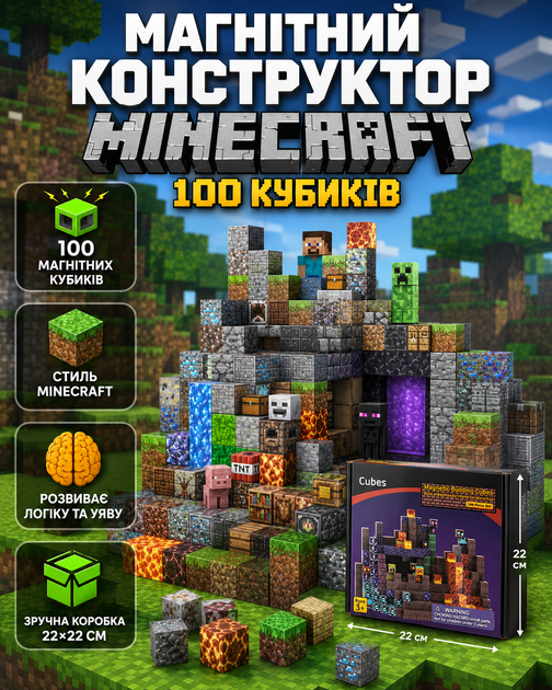 Магнітний конструктор майнкрафт магнітні блоки у стилі Minecraft для дітей 100 деталей дитячий набір - Фото 1 Магнітний конструктор майнкрафт магнітні блоки у стилі Minecraft для дітей 100 деталей дитячий набір - зображення 1