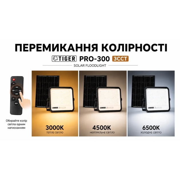 Уличный светодиодный прожектор 300W с пультом Horoz Electric на солнечной батарее 3000/4500/6500K черный IP65 TIGER PRO-300 3CCT - изображение 3
