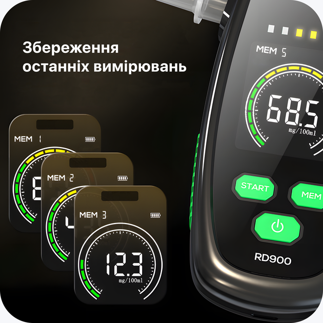 Алкотестер підвищенної точності R&D RD900 — цифровий алкометр з дисплеєм, точність до 0.01‰, зарядка Type-C - зображення 8