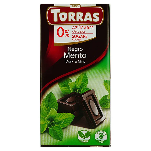 Шоколад Torras чорний з м'ятою без цукру та глютену 75 г