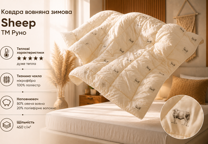 Ковдра Руно зимова полуторна 140х205 вовняна Sheep (321.52ПШУ_Sheep) - зображення 2