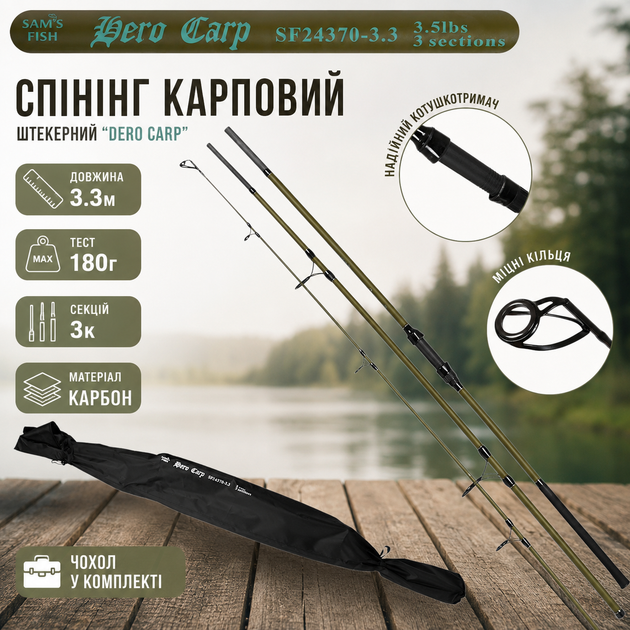 Карповое удилище Sam's Fish Dero Carp 3,3 м 180 г, штекерное, 3-секционное, оливковое с черным (SF24370-3.3) - изображение 2