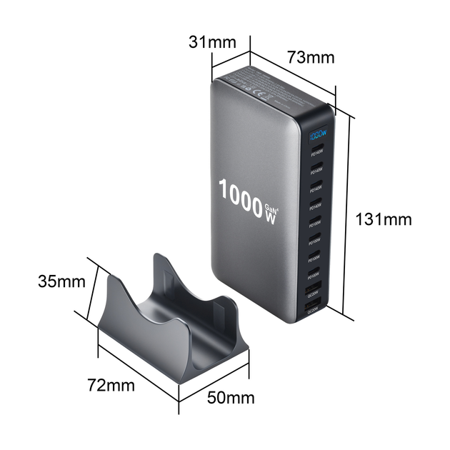 Сетевая зарядная станция ILEPO 1000W на 2 USB+8 Type-C мультизарядное устройство мощный блок питания Black (19340) - Фото 9 Сетевая зарядная станция ILEPO 1000W на 2 USB+8 Type-C мультизарядное устройство мощный блок питания Black (19340) - изображение 9