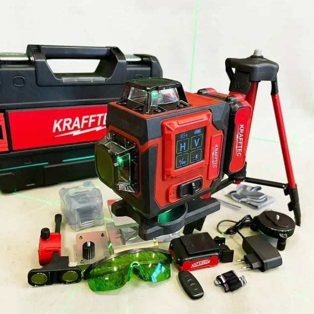 Лазерный нивелир Krafftec 16 линий 4D 360 самовыравнивающийся со штативом зеленым лазером аккумулятором 5 Ah и кейсом - изображение 5